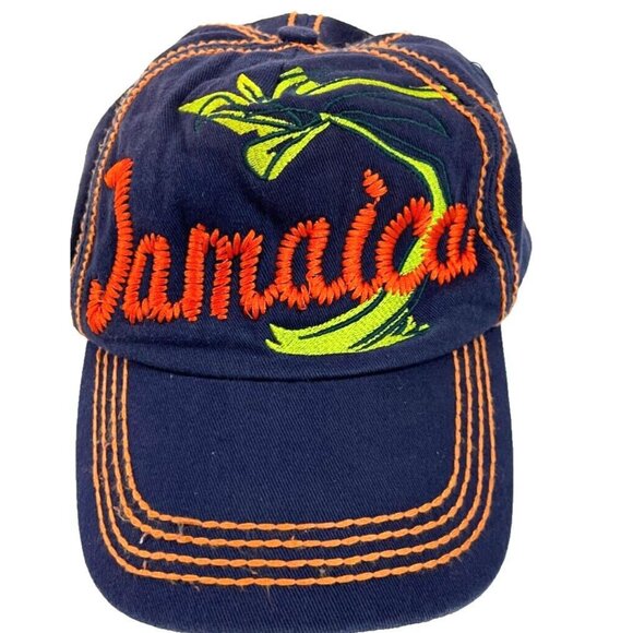 Jamaica cap waves palm tree orange green on navy blue embroidered adjustable - Picture 3 of 8